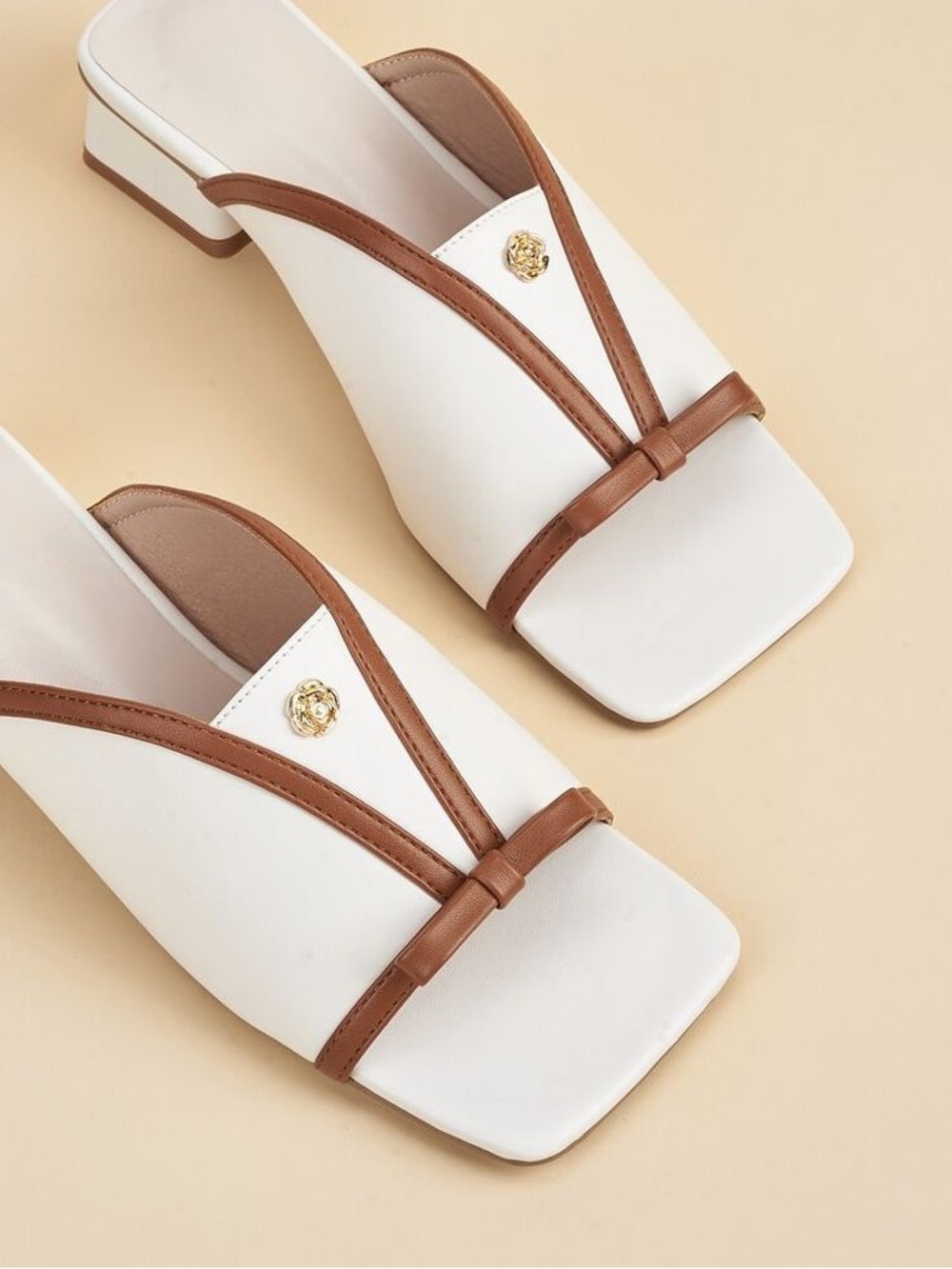 Tan leather mules brown trim square toe block heel faux leather sandals chic